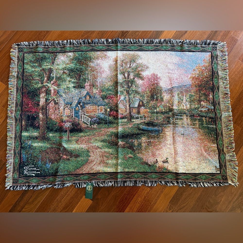 NWT Thomas Kinkade Tapestry Throw Blanket Rustic Cottage On Pond.